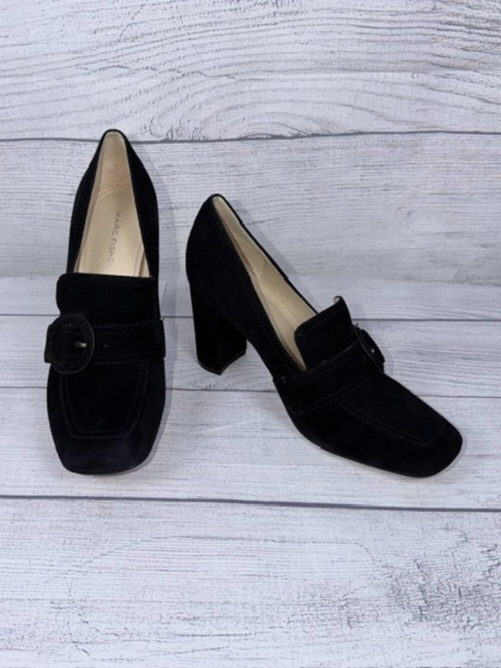 🖤 NWOT Marc Fisher Garlan Black Suede Square Toe Block Heel Loafers 8M